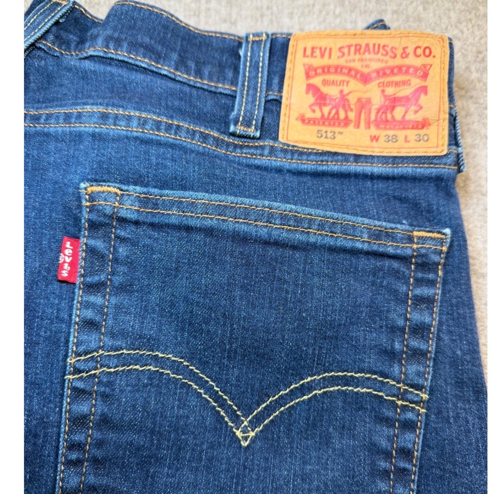 Levi's 513 Slim Straight‎ Jeans Mens 38x30 Dark Wash Blue Denim Pants - Picture 2 of 8